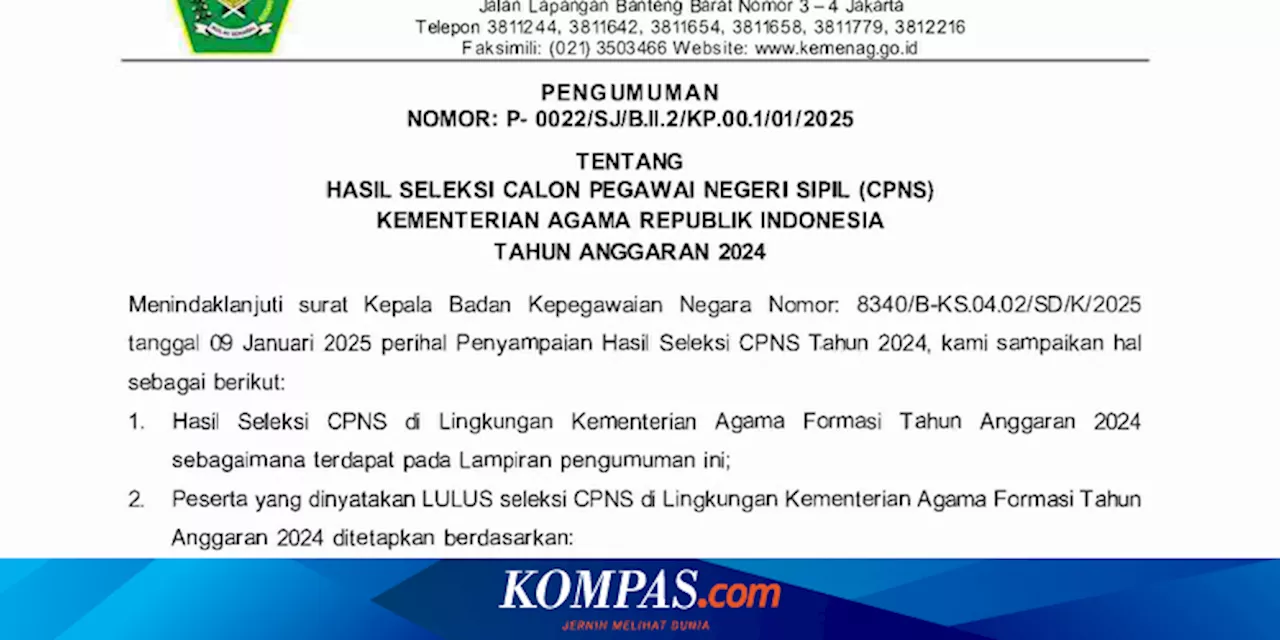 Link Hasil Seleksi CPNS Kemenag 2024 Pdf, Ada Daftar Nama Peserta yang Lolos