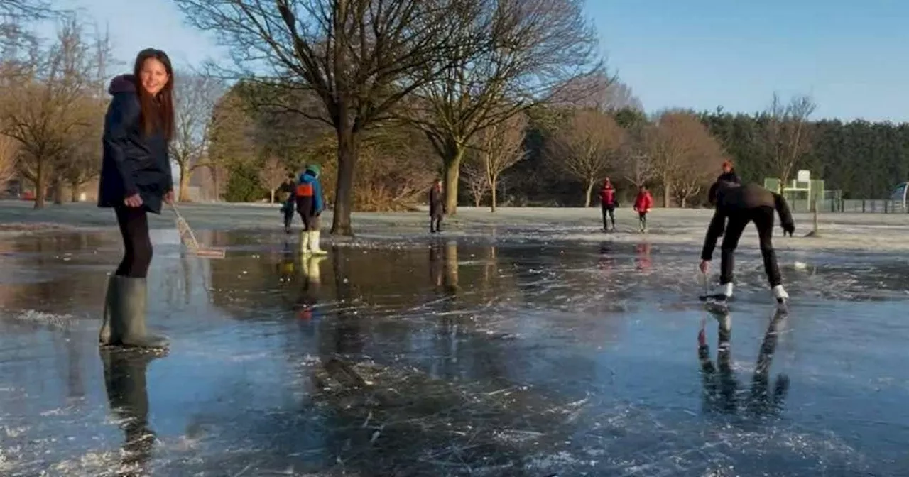 Brilliant photos show children having fun on makeshift park 'ice rink'