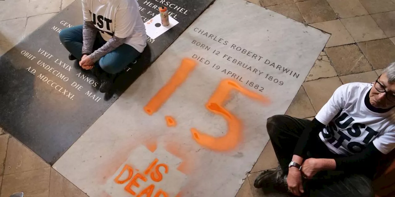 Activistas climáticos vandalizan la tumba de Darwin en la abadía de Westminster de Londres