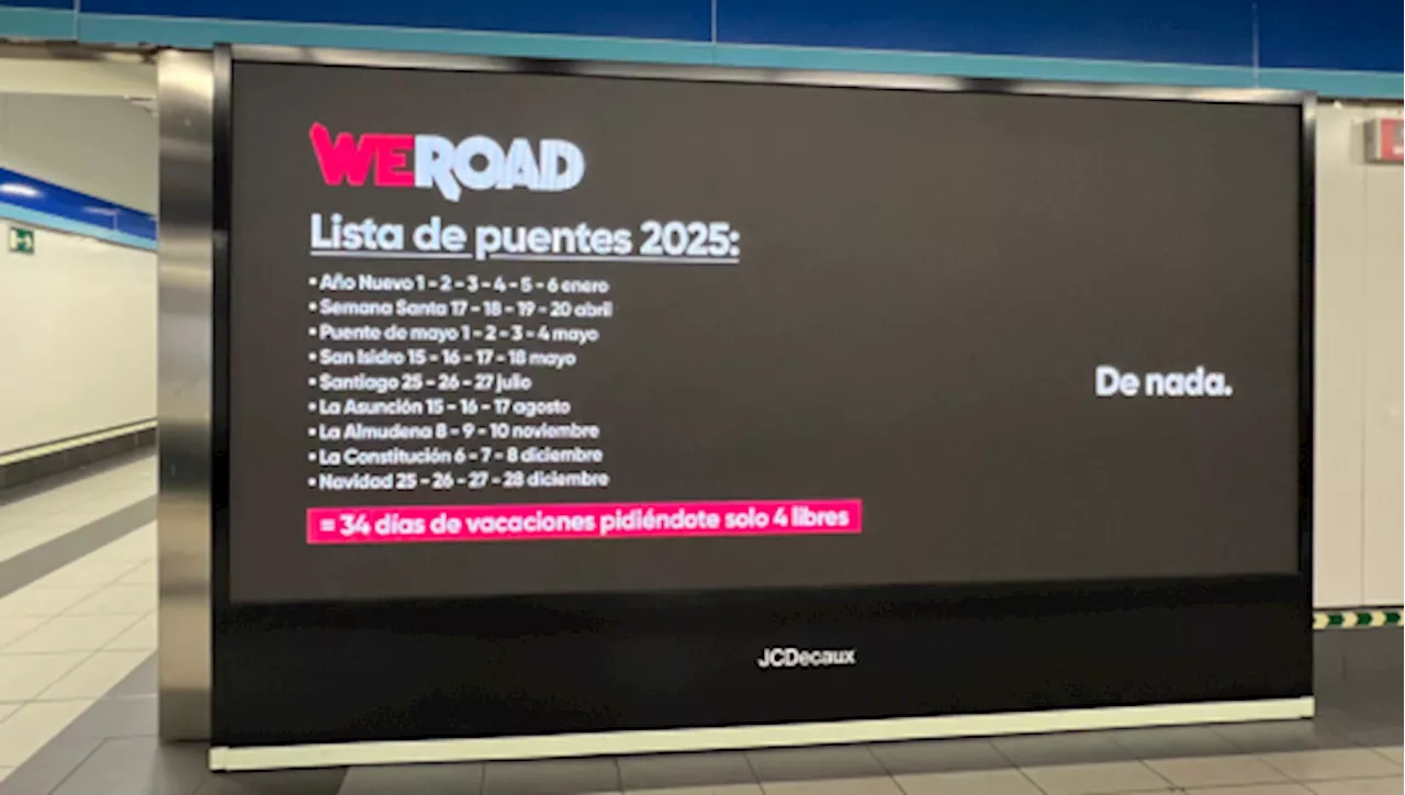 La lona de WeRoad que informa a los madrileños de los festivos puentes de 2025