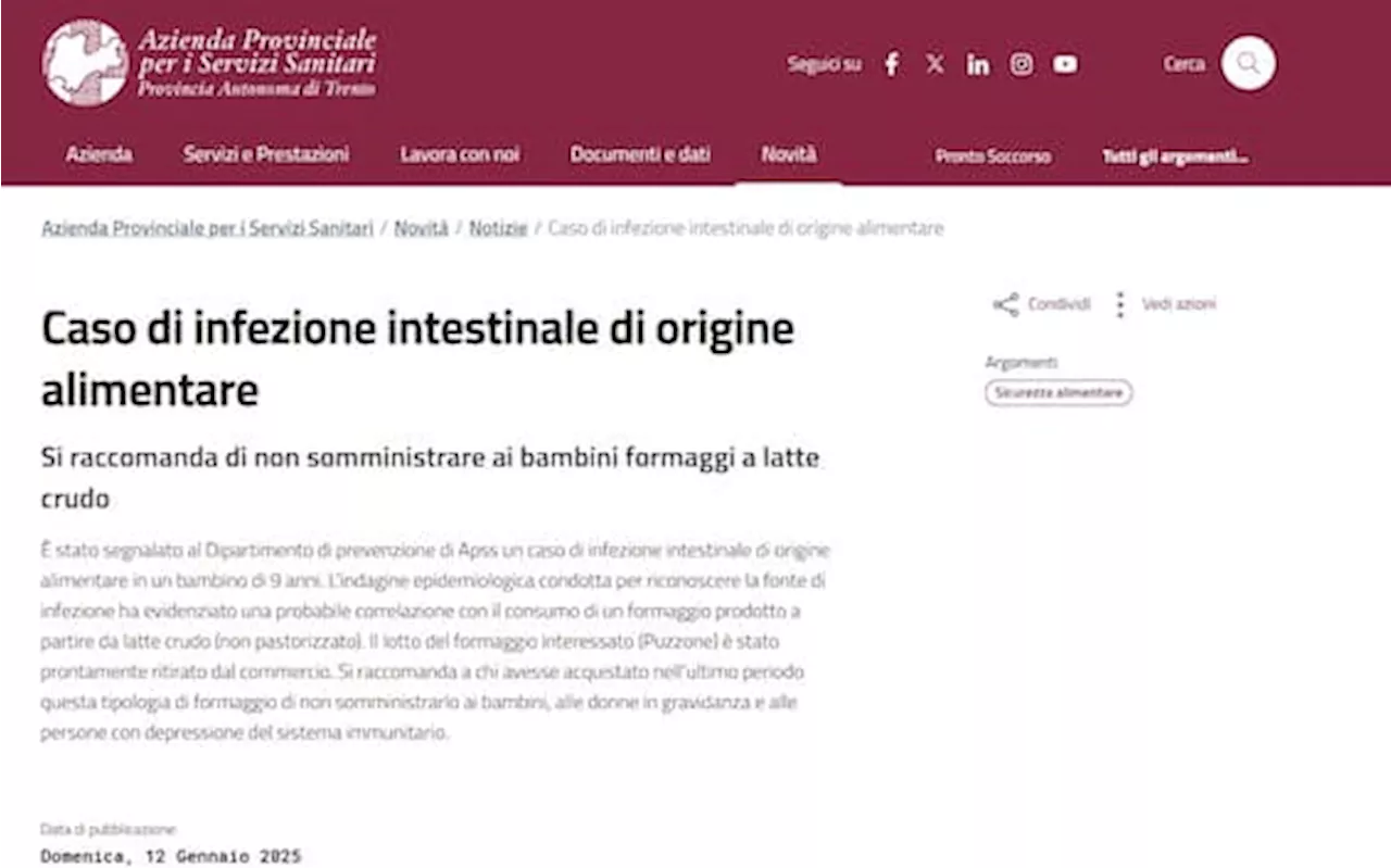 Trento, bambino di 9 anni intossicato da formaggio a latte crudo: lotto ritirato