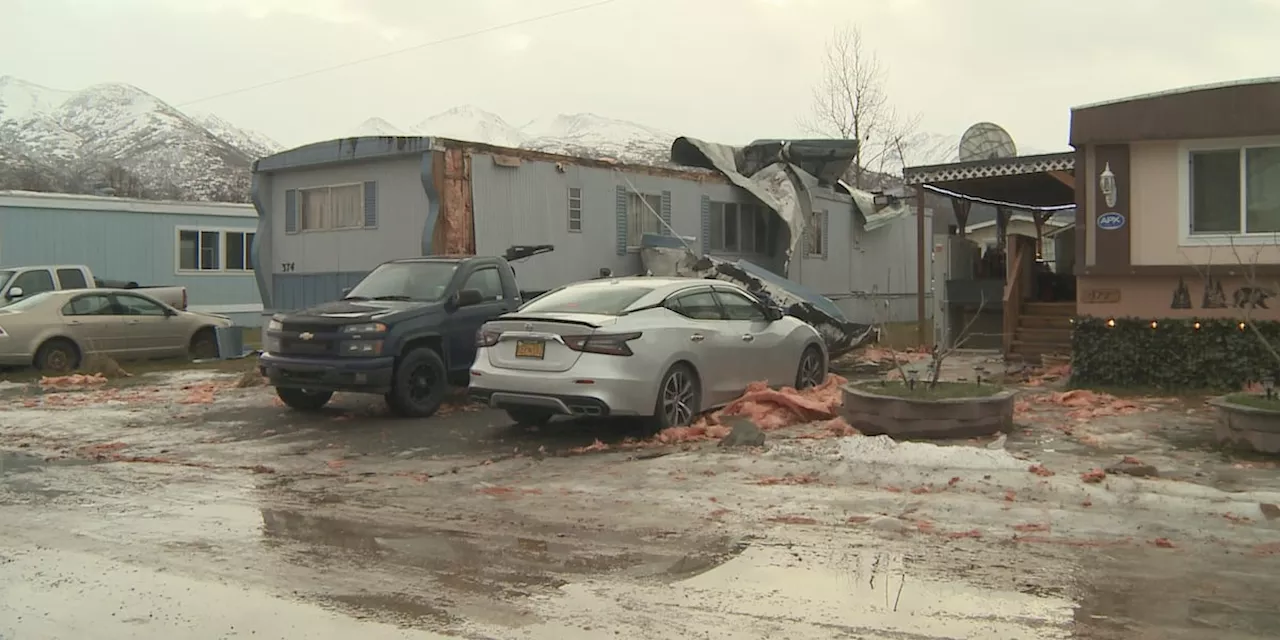 Aftermath of wind damage in East Anchorage: Homes without roofs