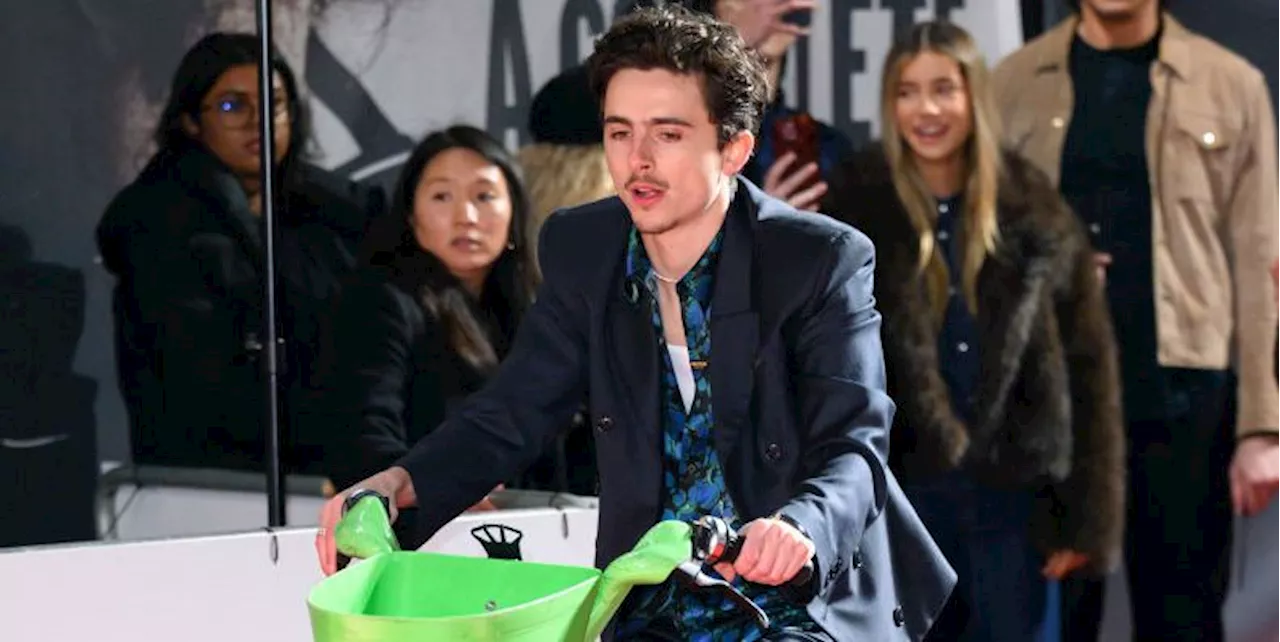 Timothée Chalamet Rides an E-Bike to the UK Premiere of 'A Complete Unknown'