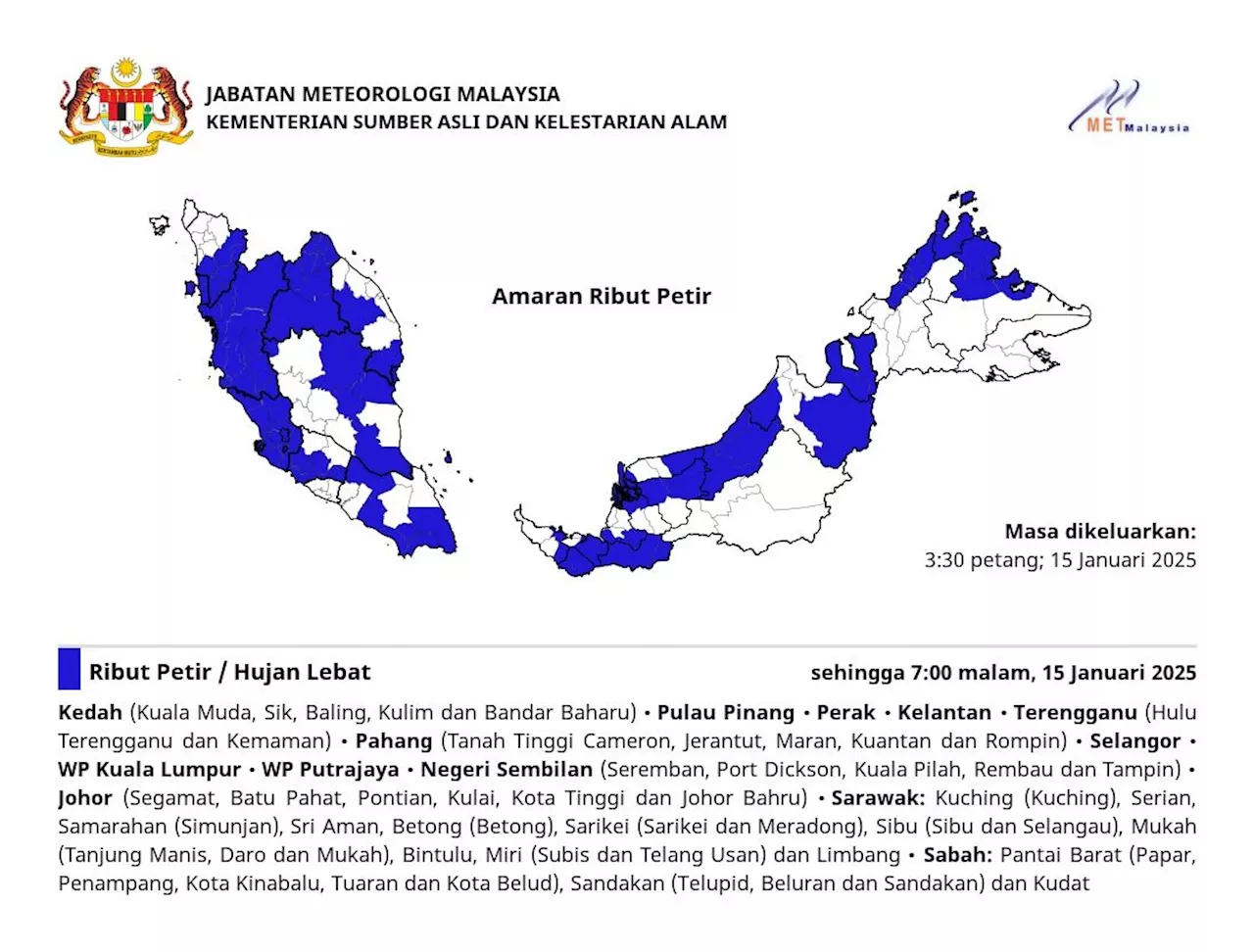 MetMalaysia warns of thunderstorms in multiple states until 7pm on Jan 15