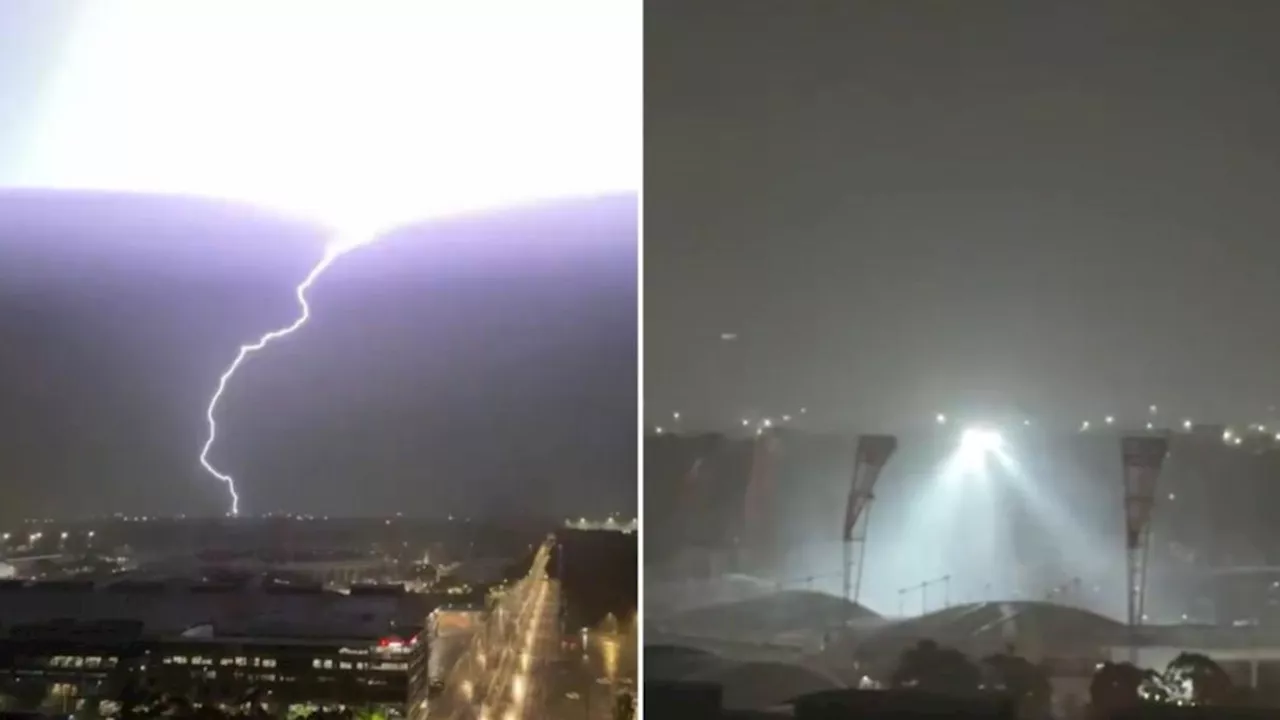 Sydney storm ‘apocalypse’ produces unlikely electrical marvel as Engie Stadium lights up