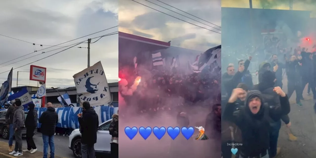 Napoli a Bergamo tra cori, fumogeni e tifosi in festa