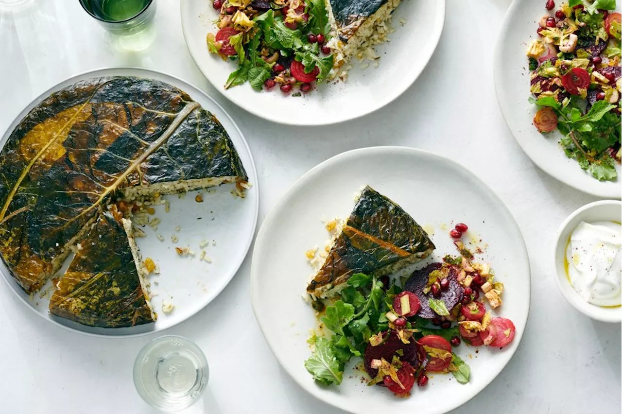 Herbed Rice in Chard Leaves with Beet Salad and Apple Tart