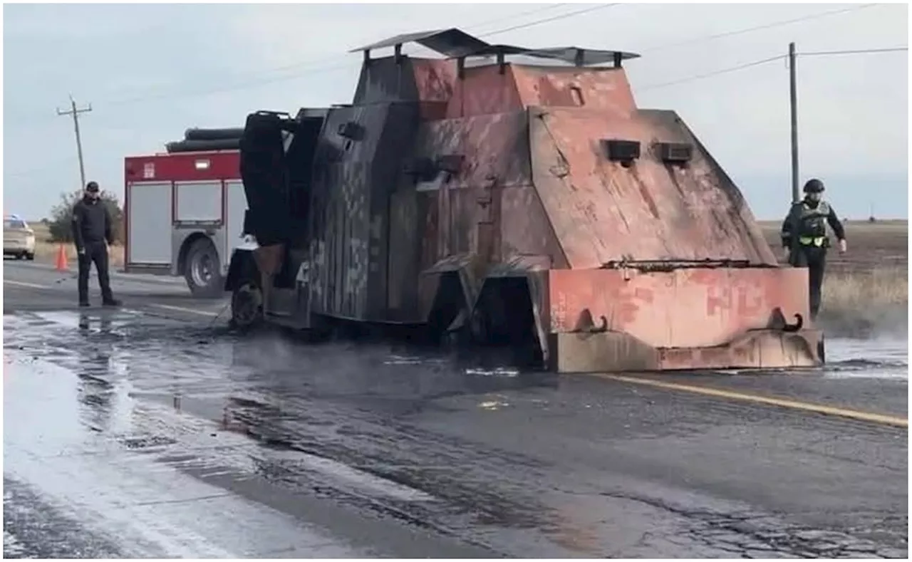 Abandonan vehículo 'monstruo' incendiado sobre carretera Reynosa-San Fernando