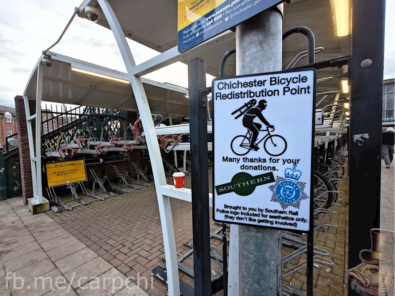 “Bicycle Redistribution Point”: Spoof sign highlights train station’s bike theft problem, as designer slams police inaction and lack of security for cyclists