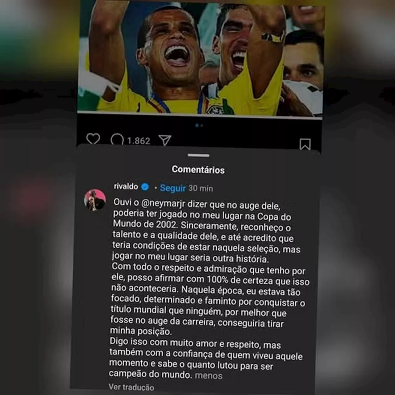 Rivaldo rebate declaração de Neymar: 'Com 100% de certeza isso não aconteceria'