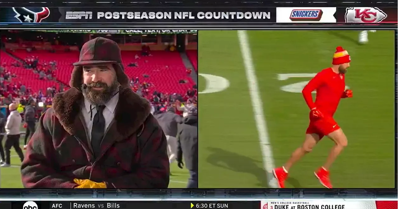 Jason Kelce Jokes About Brother Travis's Outfit During Chiefs Warm-up