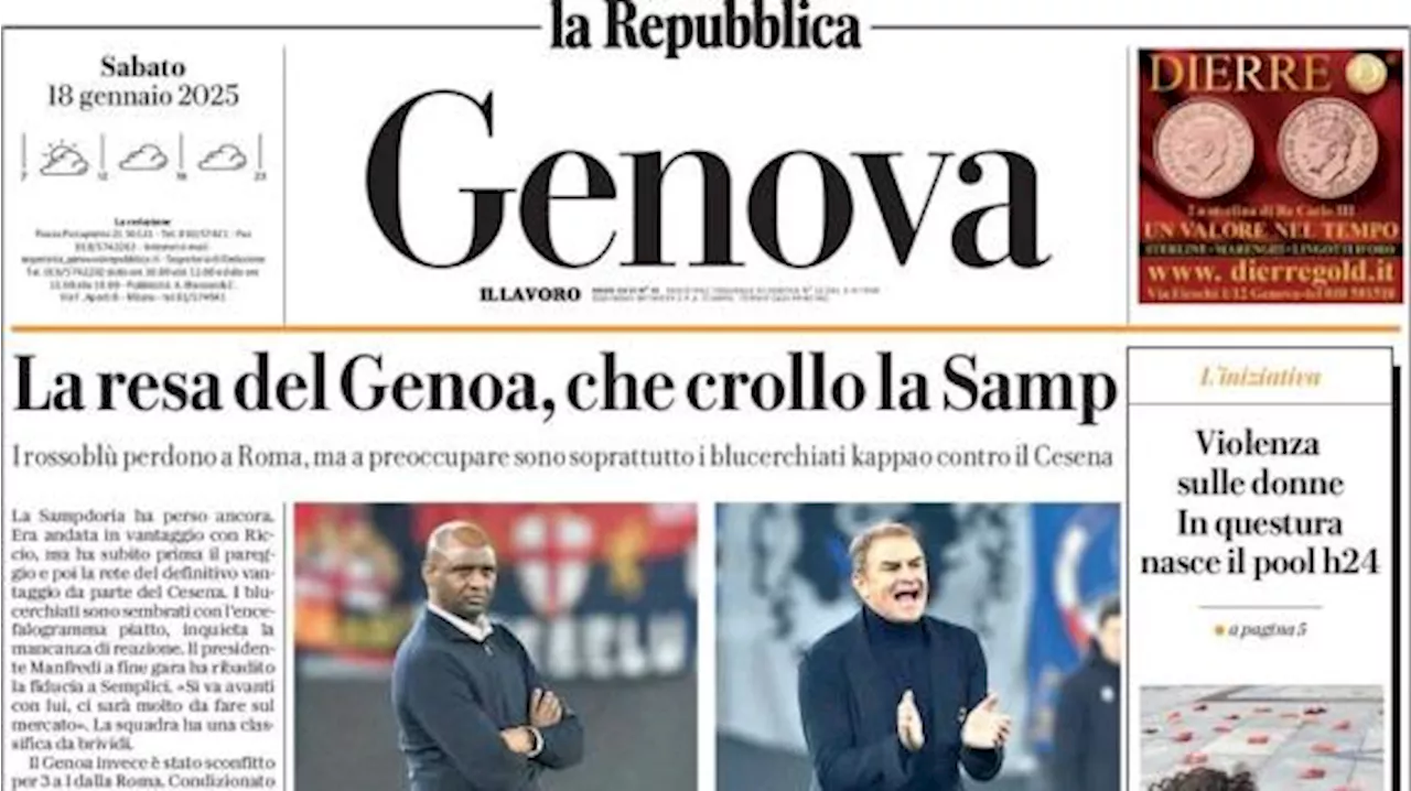 La Repubblica Genova in apertura: 'La resa del Genoa, che crollo la Samp'