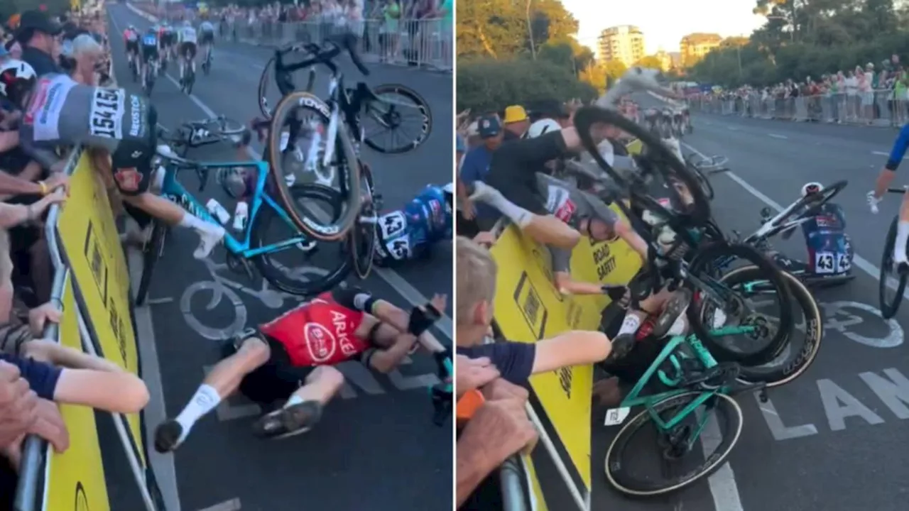 Fan hospitalised after Tour Down Under cyclists crash into crowd