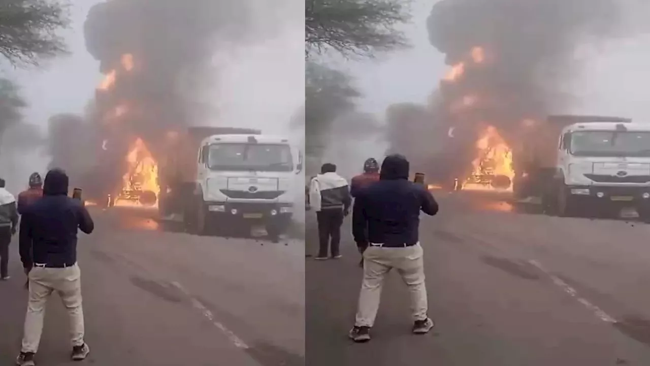 बांदा में हाइवे पर घने कोहरे में दो ट्रकों की भिड़ंत, आग लगने से ड्राइवर और खलासी जिंदा जलकर मरे, ट्रैफिक जाम