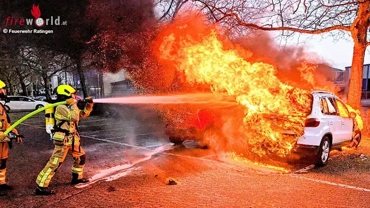 D: Vollbrand eines Pkw und Senior mit Rollator in Wasserfläche in Ratingen