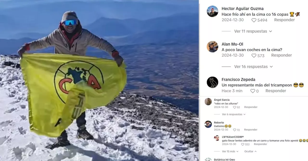 Fanático del América celebra en la cima de un volcán con la bandera del equipo