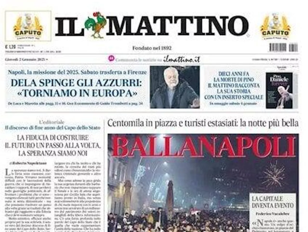 Il Mattino titola così sul Napoli: 'DeLa spinge gli azzurri: torniamo in Europa'