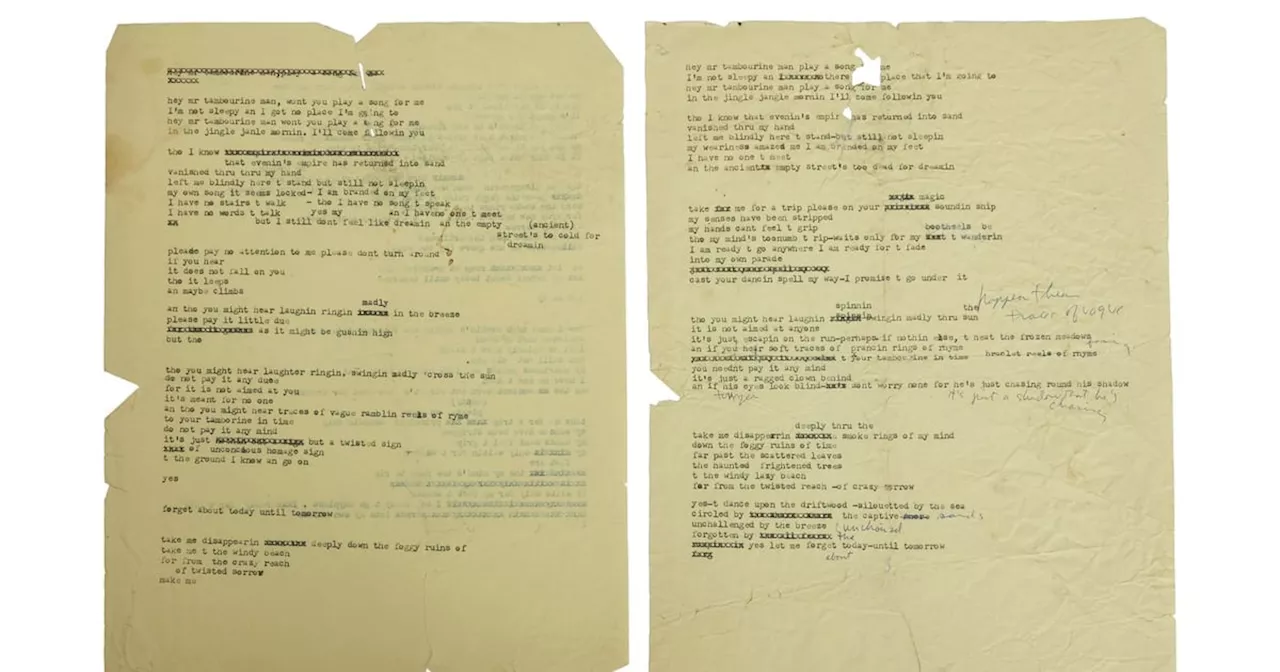 Draft lyrics to Bob Dylan’s ‘Mr. Tambourine Man’ sell for US$508K at auction