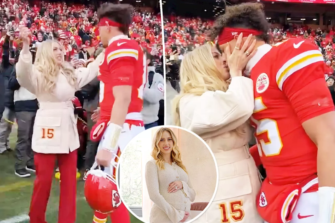 Brittany Mahomes gives husband Patrick a good luck kiss at Chiefs playoffs game less than a week after giving birth