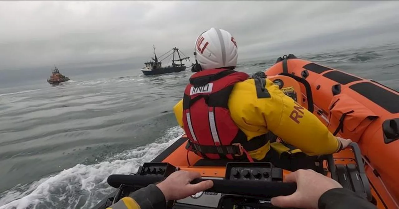 RNLI Lifeboats Rescue Fisherman from Rocks Off Rush Coast