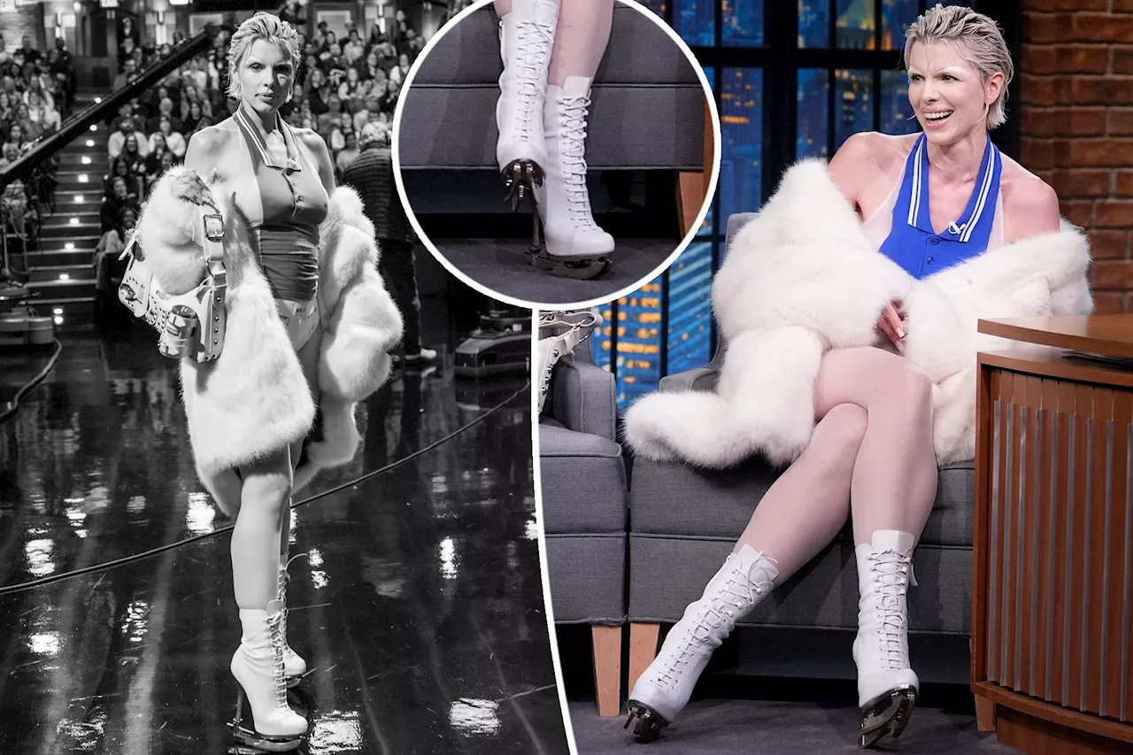 Julia Fox glides her way onto 'Late Night with Seth Meyers' in high-heeled ice skates