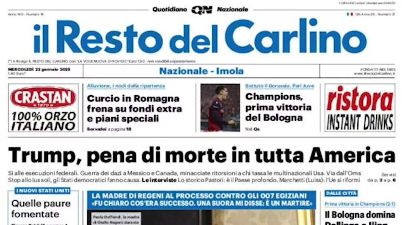 Il Resto del Carlino in prima pagina: 'Prima vittoria in Champions per il Bologna'