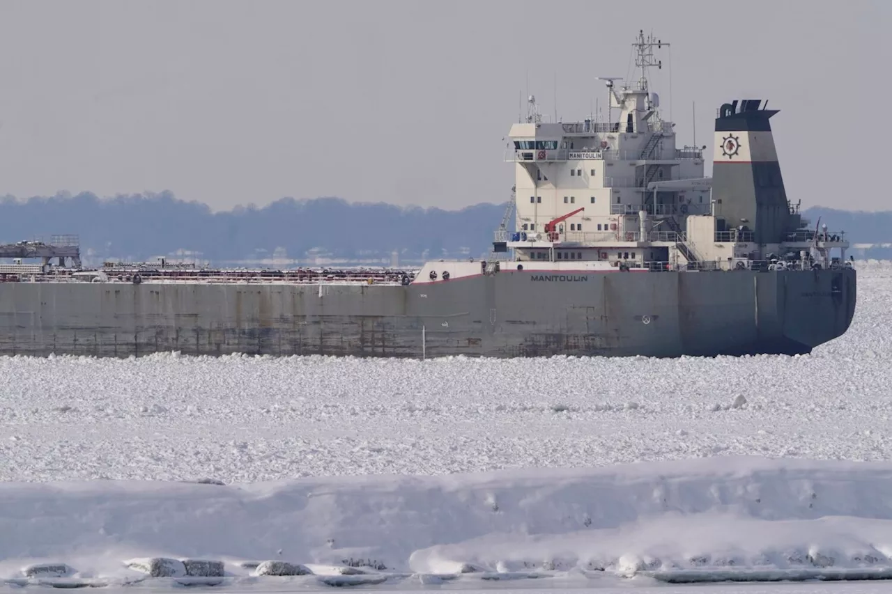 A Canadian freighter gets trapped in ice on Lake Erie