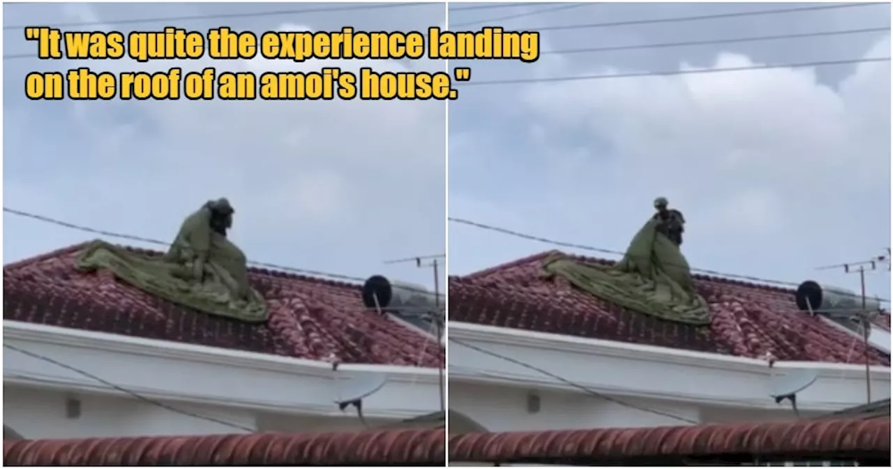 Malaysian Police Officer Unexpectedly Lands on Rooftop During Parachute Training