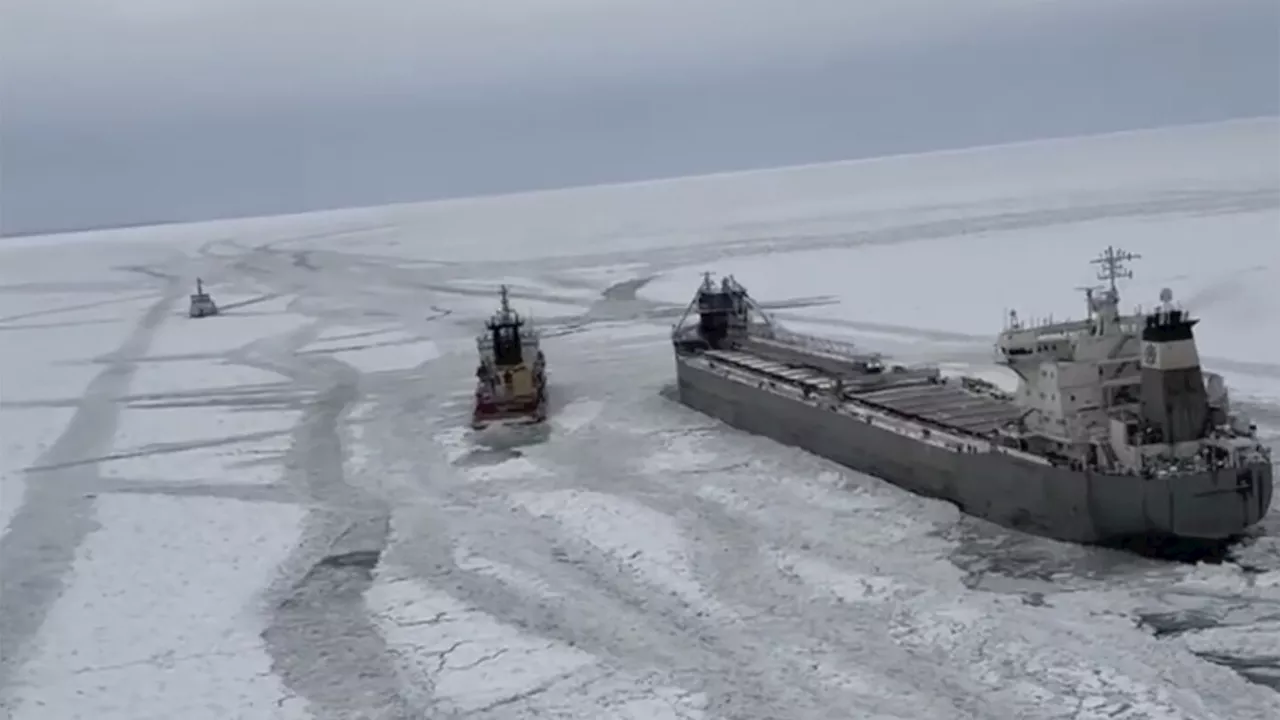 Freighter remains stuck in the ice on a frozen Lake Erie