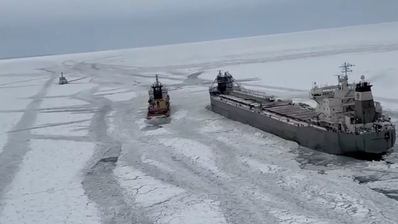 Canadian Freighter Freed From Ice on Lake Erie