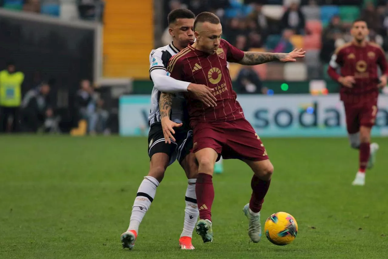 PAGELLE E TABELLINO UDINESE-ROMA 1-2: Angelino inesauribile, follia Saba