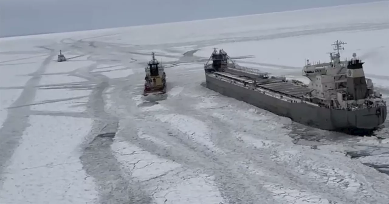 Freighter on the move after it was freed from ice on frozen Lake Erie