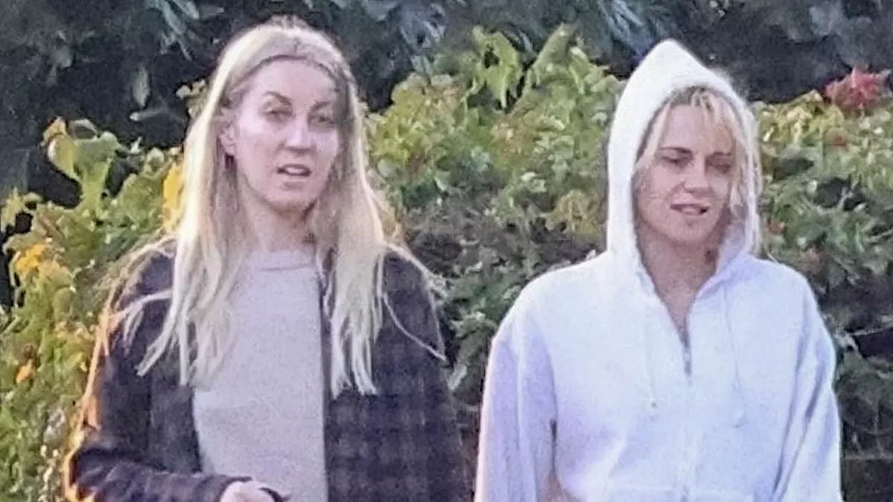 Newly blonde Kristen Stewart and her fiancee Dylan Meyer enjoy a walk with their dog in LA