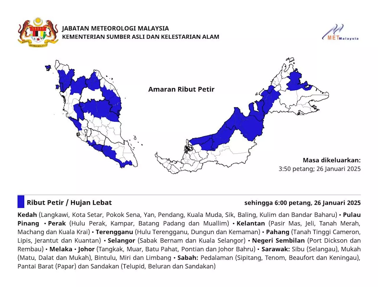 MetMalaysia warns of thunderstorms in multiple states until 6pm on Jan 26