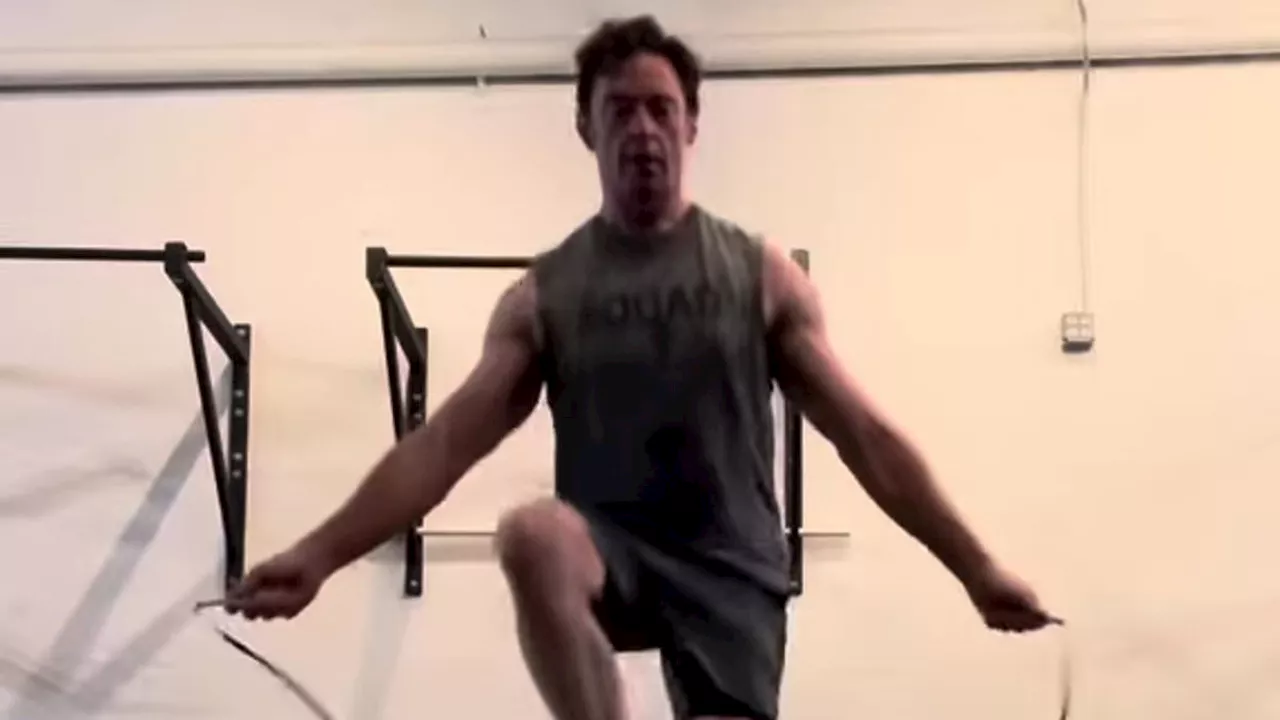 Hugh Jackman brushes up on his jump rope tricks after he 'messed up' Broadway performance on...