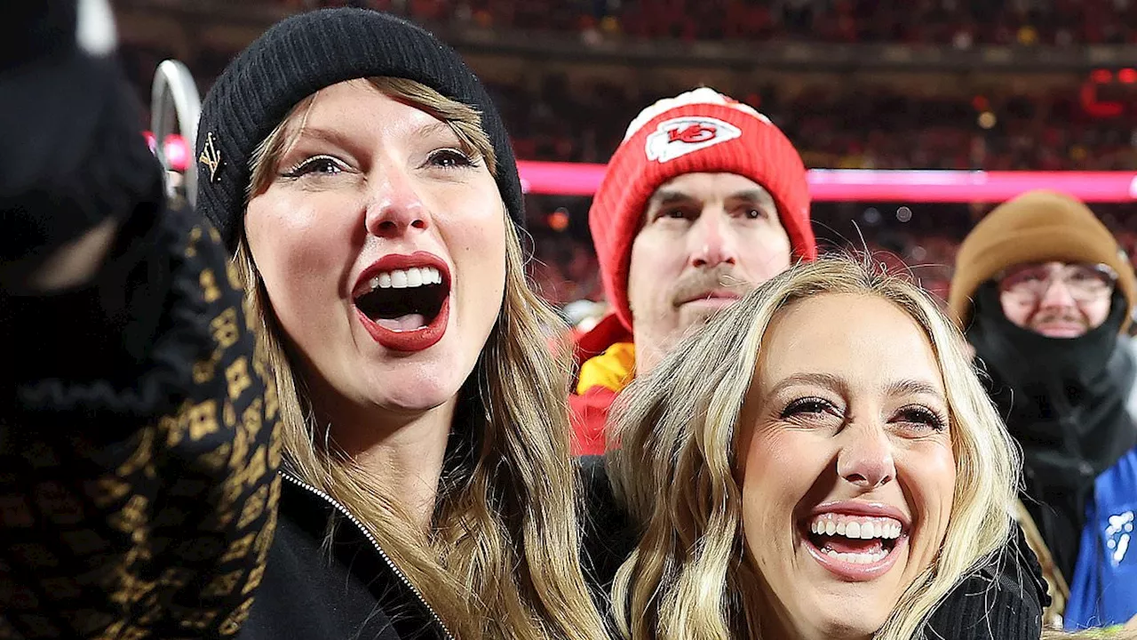 Taylor Swift hugs pal Brittany Mahomes as they celebrate Chiefs making the Super Bowl