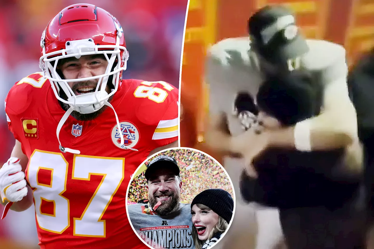 Taylor Swift jumps for joy in Travis Kelce's arms while they walk through stadium tunnel after AFC Championship win