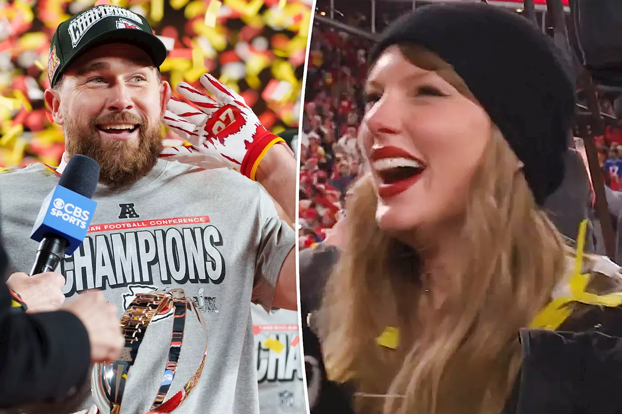 Watch Taylor Swift crack up over Travis Kelce singing 'Get Down Tonight' after AFC Championship win