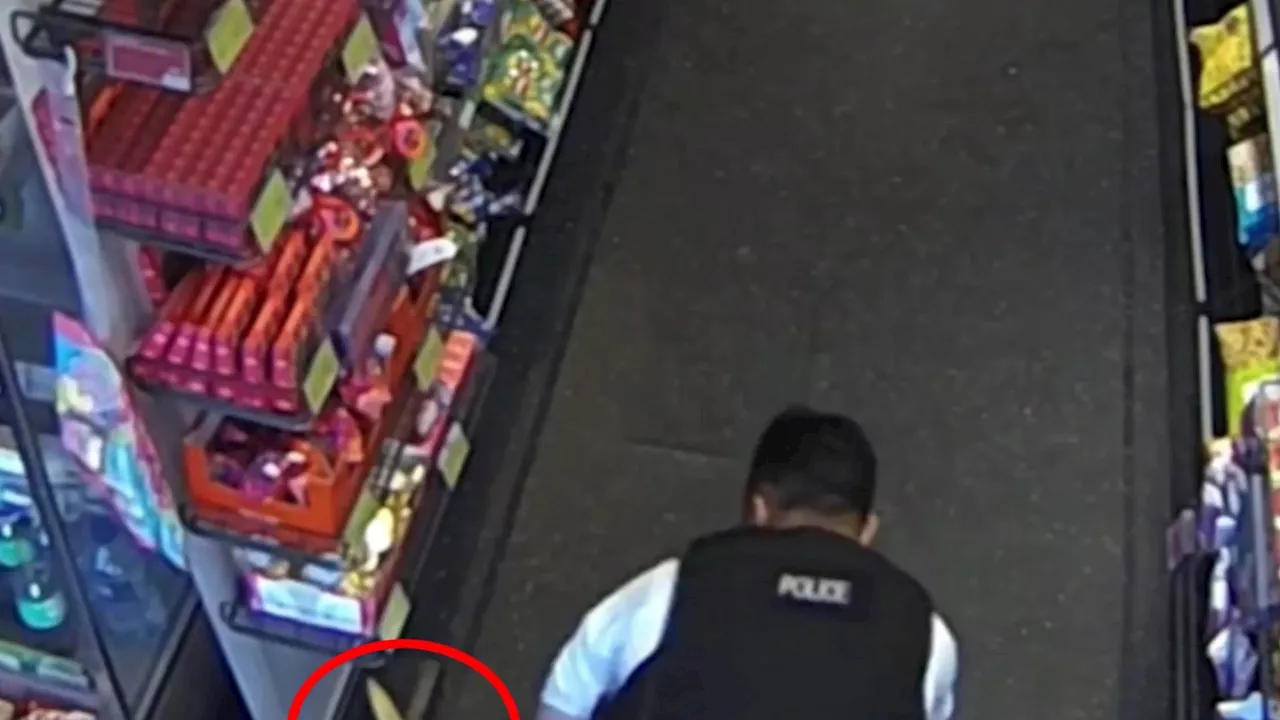 Moment hero cop tackles knife-wielding attacker trying to stab customer in petrol station...