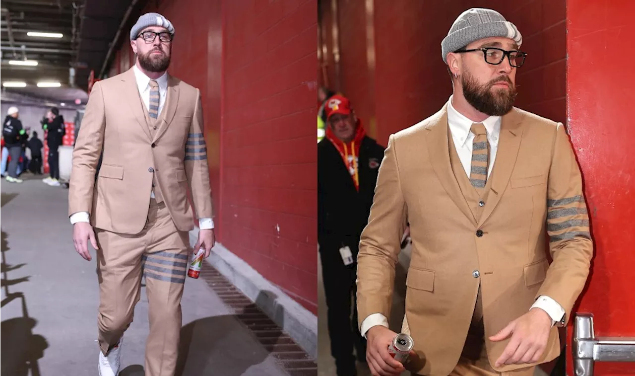 Travis Kelce’s Pregame Outfit Shows His Stripes in Thom Browne Suit for Kansas City Chiefs AFC Championship Game, Defeats Buffalo Bills