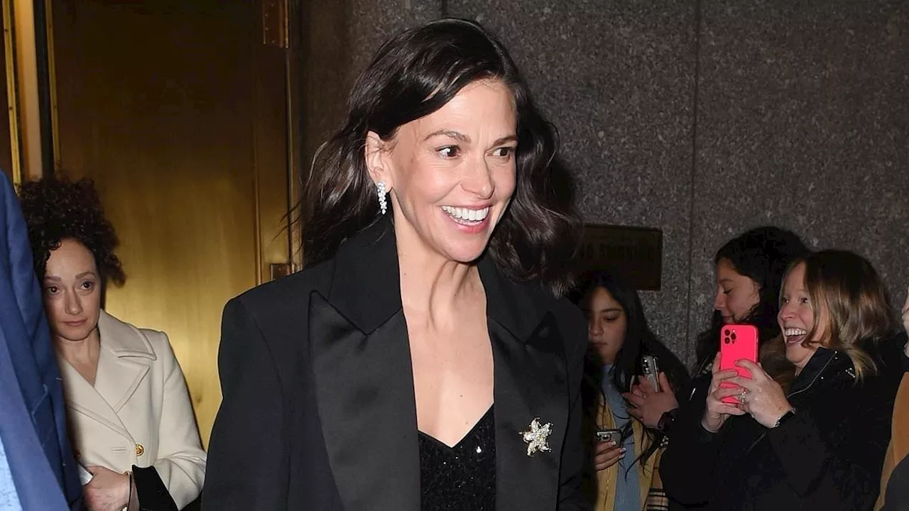 Sutton Foster beams with joy while supporting Hugh Jackman at opening night of his Radio City Music...