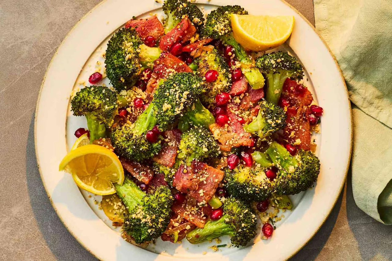 Warm Broccoli Salad with Bacon and Pomegranate Seeds