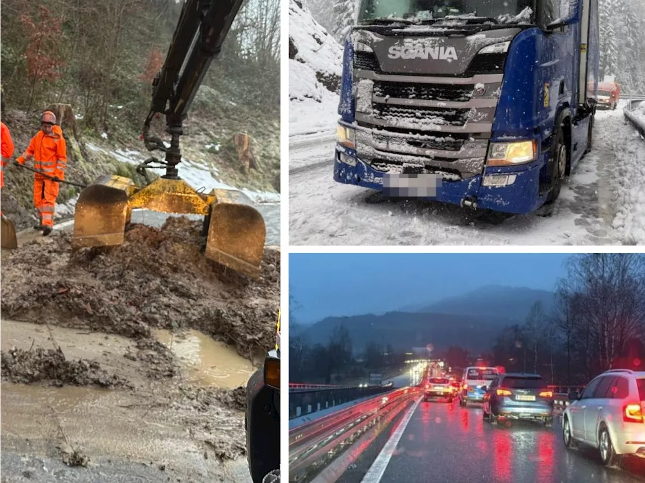 Schnee, Unfälle, Muren und Stau: Verkehrschaos in Vorarlberg