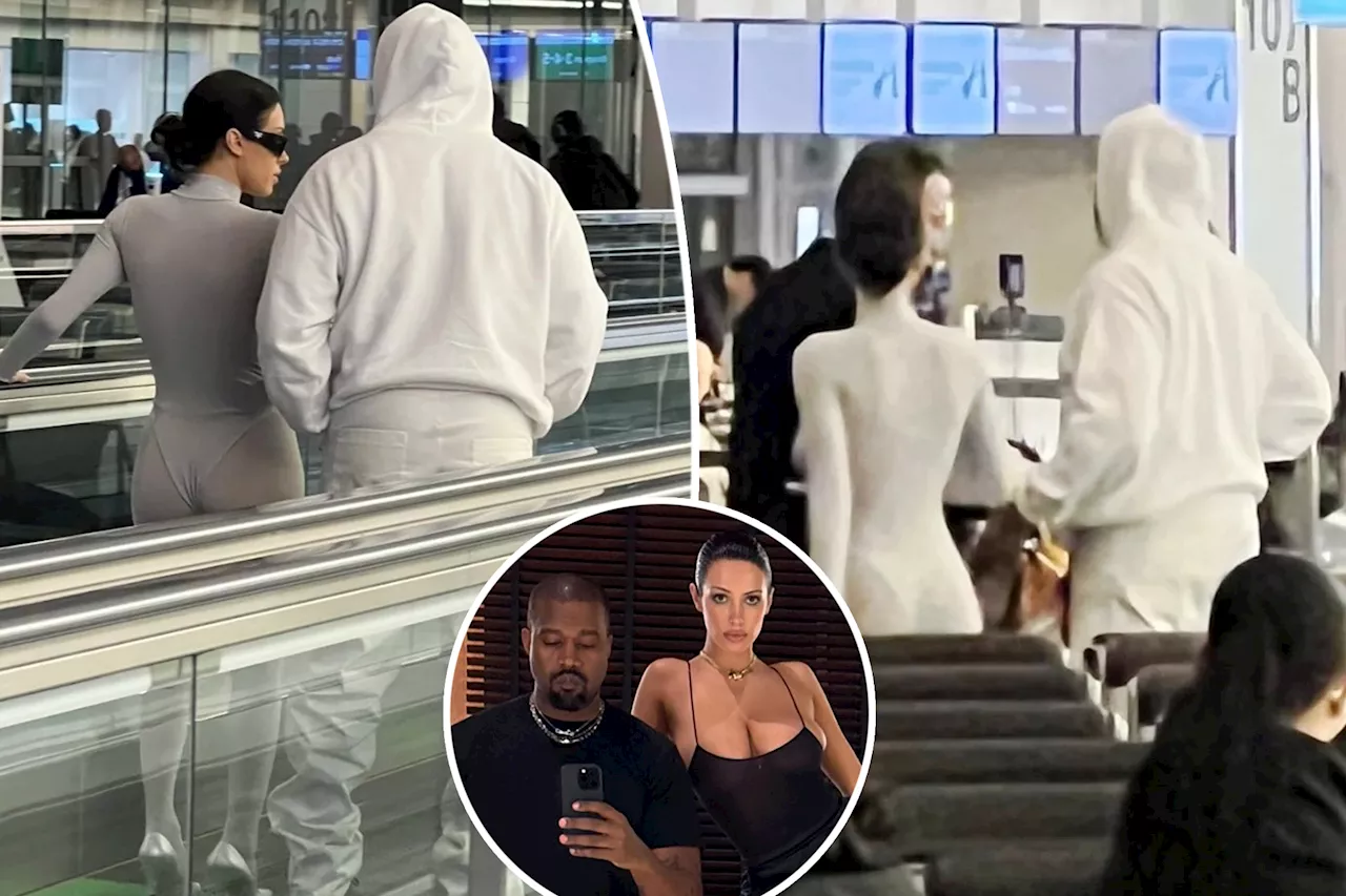 Bianca Censori wears thong bodysuit over sheer tights at Tokyo airport with Kanye West