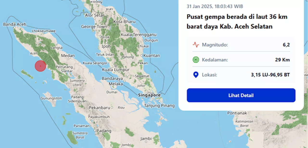 Gempa Tektonik M6,2 di Aceh Selatan tidak Berpotensi Tsunami