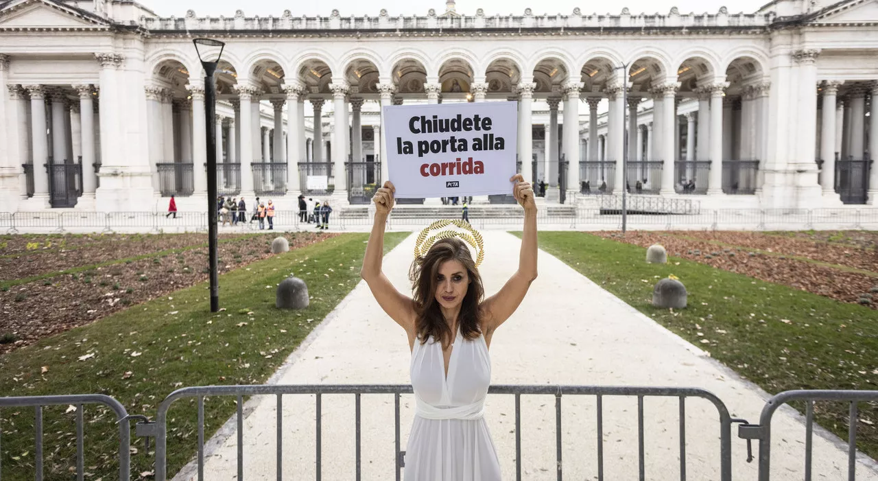 Daniela Martani, a Piazza San Paolo, protesta contro la corrida