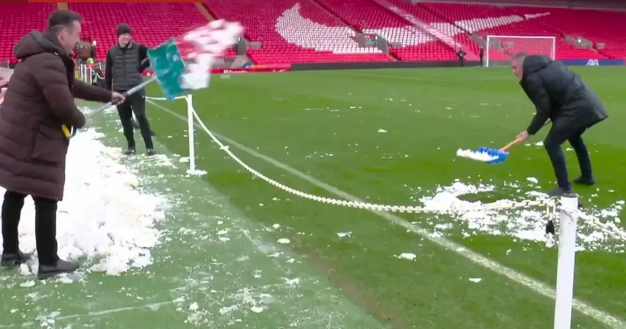 Gary Neville hilariously shovels snow back onto Anfield pitch ahead of derby