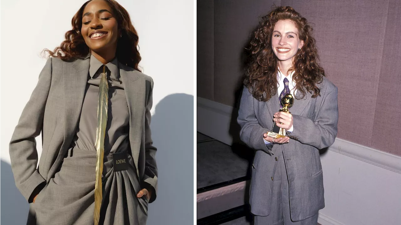 Ayo Edebiri homenageia Julia Roberts com look inspirado em 1990 no Globo de Ouro