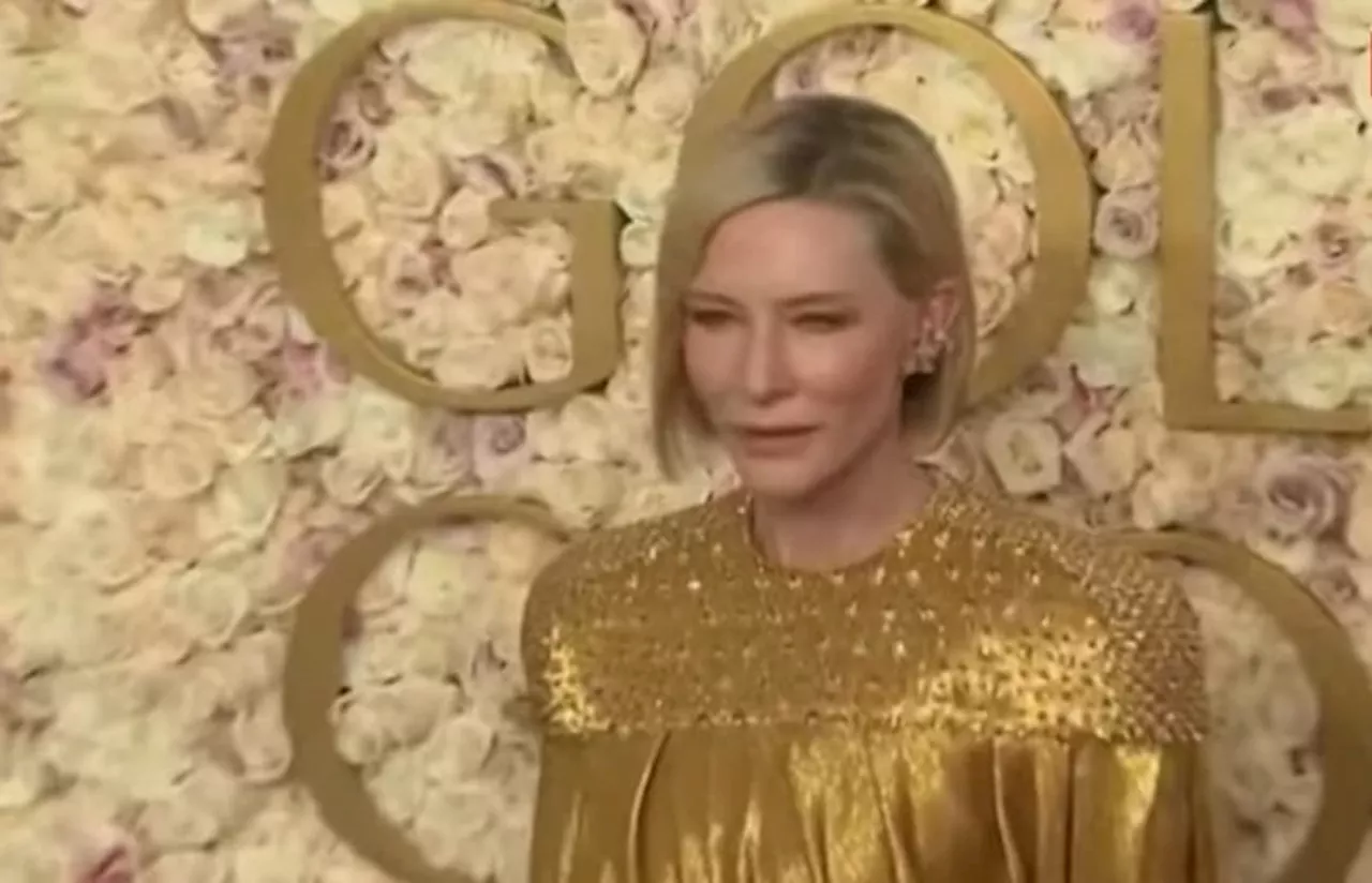 Cate Blanchett Kembali Gunakan Busana Emas Louis Vuitton di Golden Globes 2025