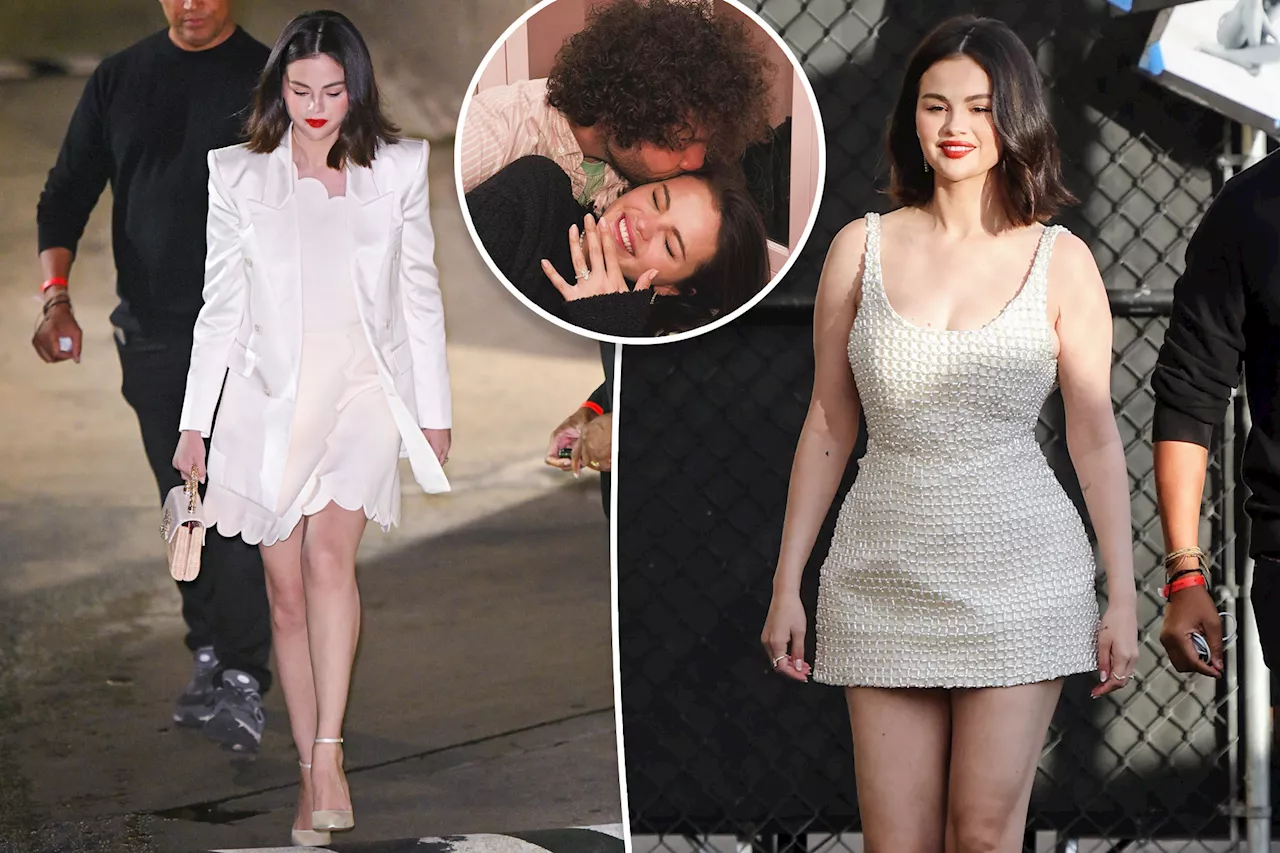 Selena Gomez Goes Bridal White in Two Looks at 'Jimmy Kimmel Live' After Benny Blanco Engagement